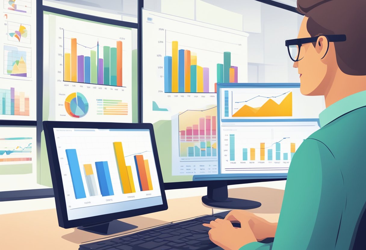 A computer screen displaying graphs and charts, with a teacher analyzing data and adjusting lesson plans