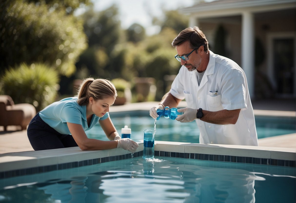 A technician tests chemicals in a Georgia swimming pool, consulting with a professional to maintain proper balance