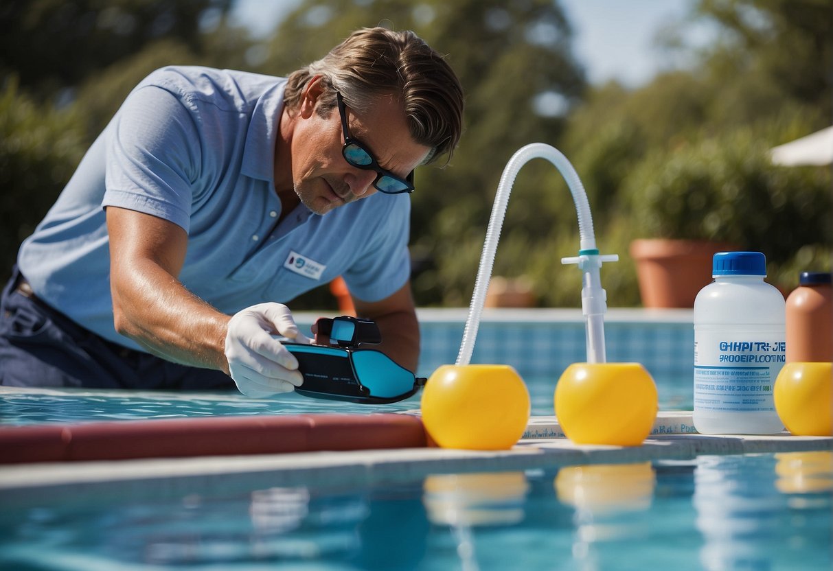 A professional testing and adjusting chemicals in a Georgia pool for proper balance and equipment care