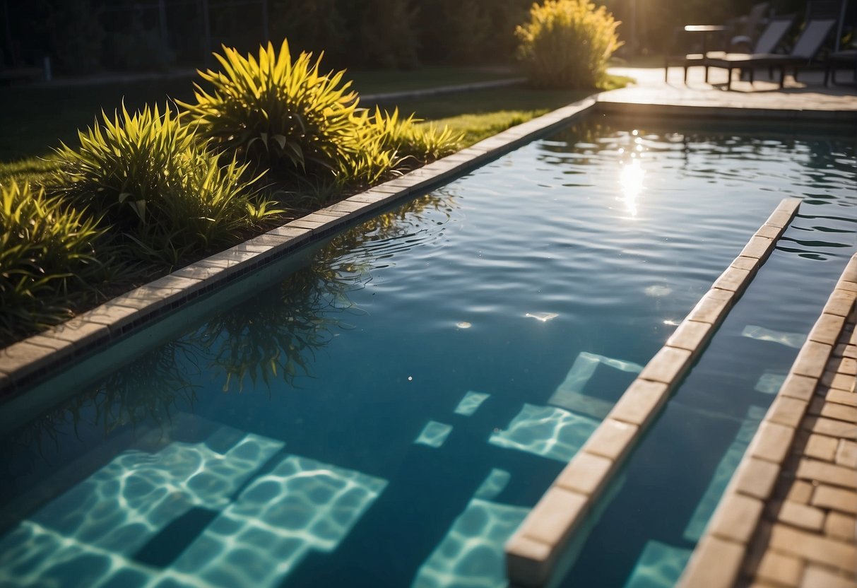 Crystal-clear pool water reflects sunlight, surrounded by clean filters. Regular maintenance ensures optimal water quality