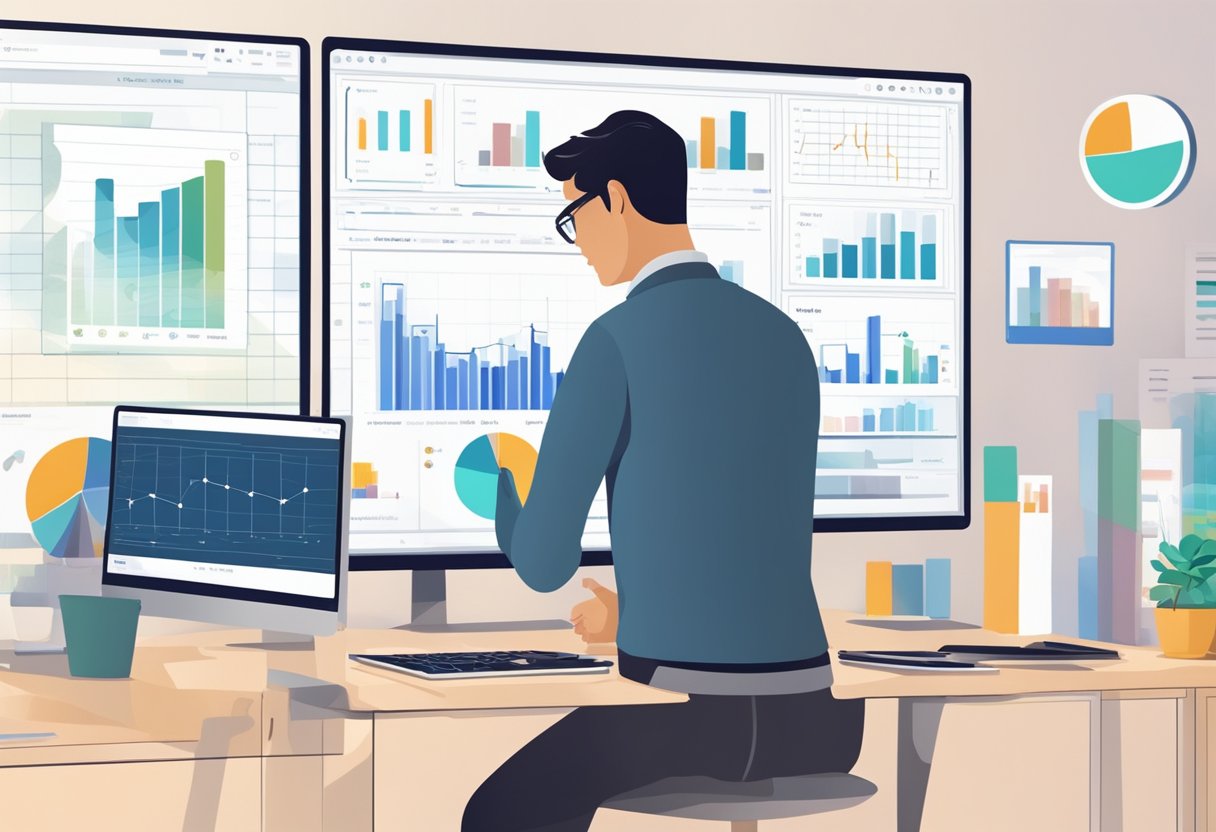 Data analytics graphs and charts displayed on a computer screen, with a teacher reviewing and analyzing the data