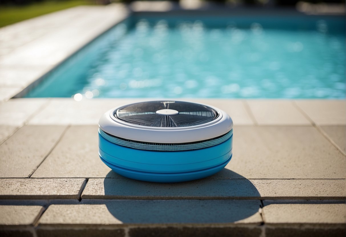 A pool filter sits next to a clean, sparkling pool, surrounded by clear blue water and a sunny sky. It removes debris and contaminants, keeping the water crystal clear