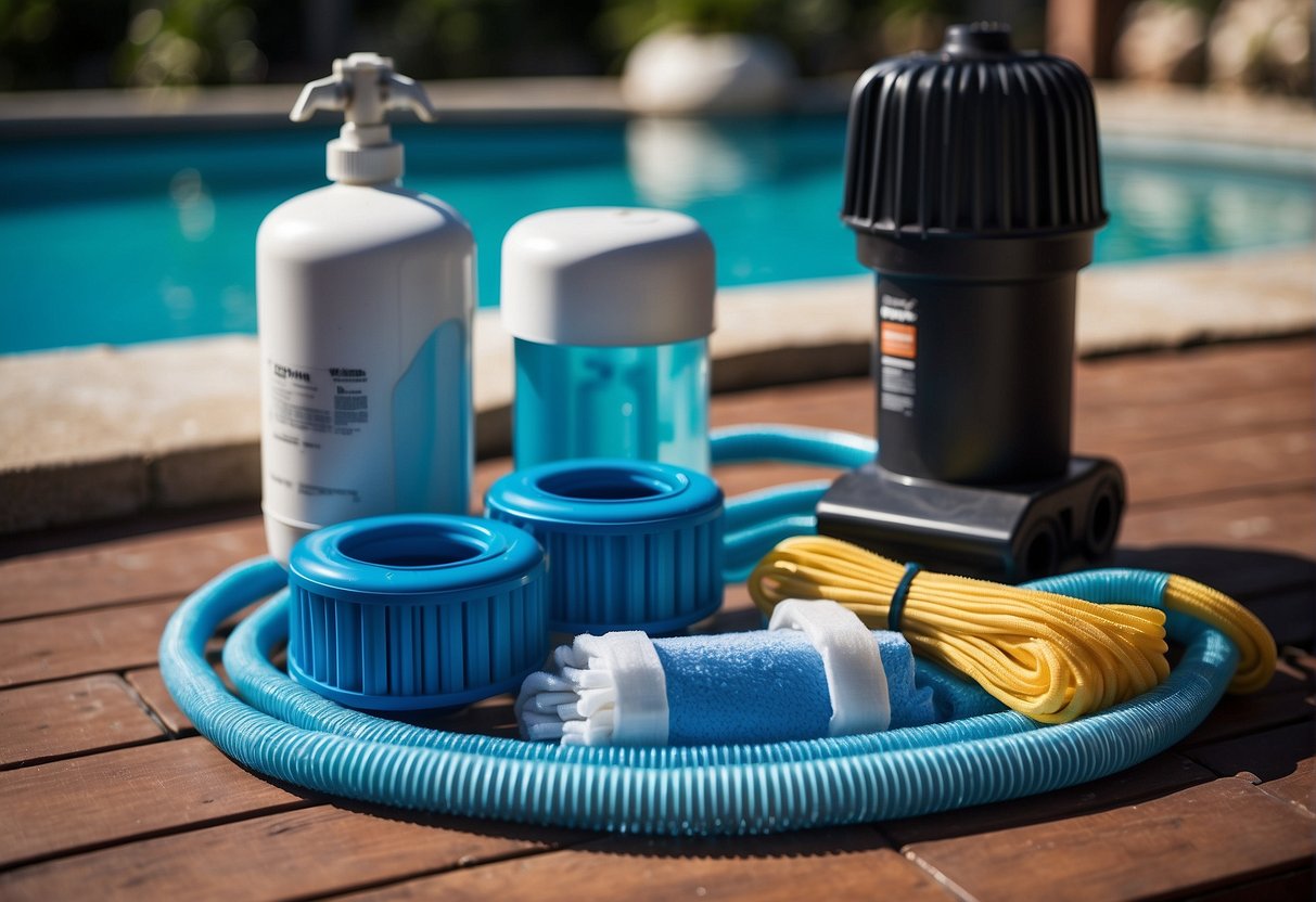 A pool filter sits next to a sparkling blue pool, surrounded by cleaning supplies and maintenance tools. It is connected to the pool's pump system, ready to remove debris and keep the water crystal clear