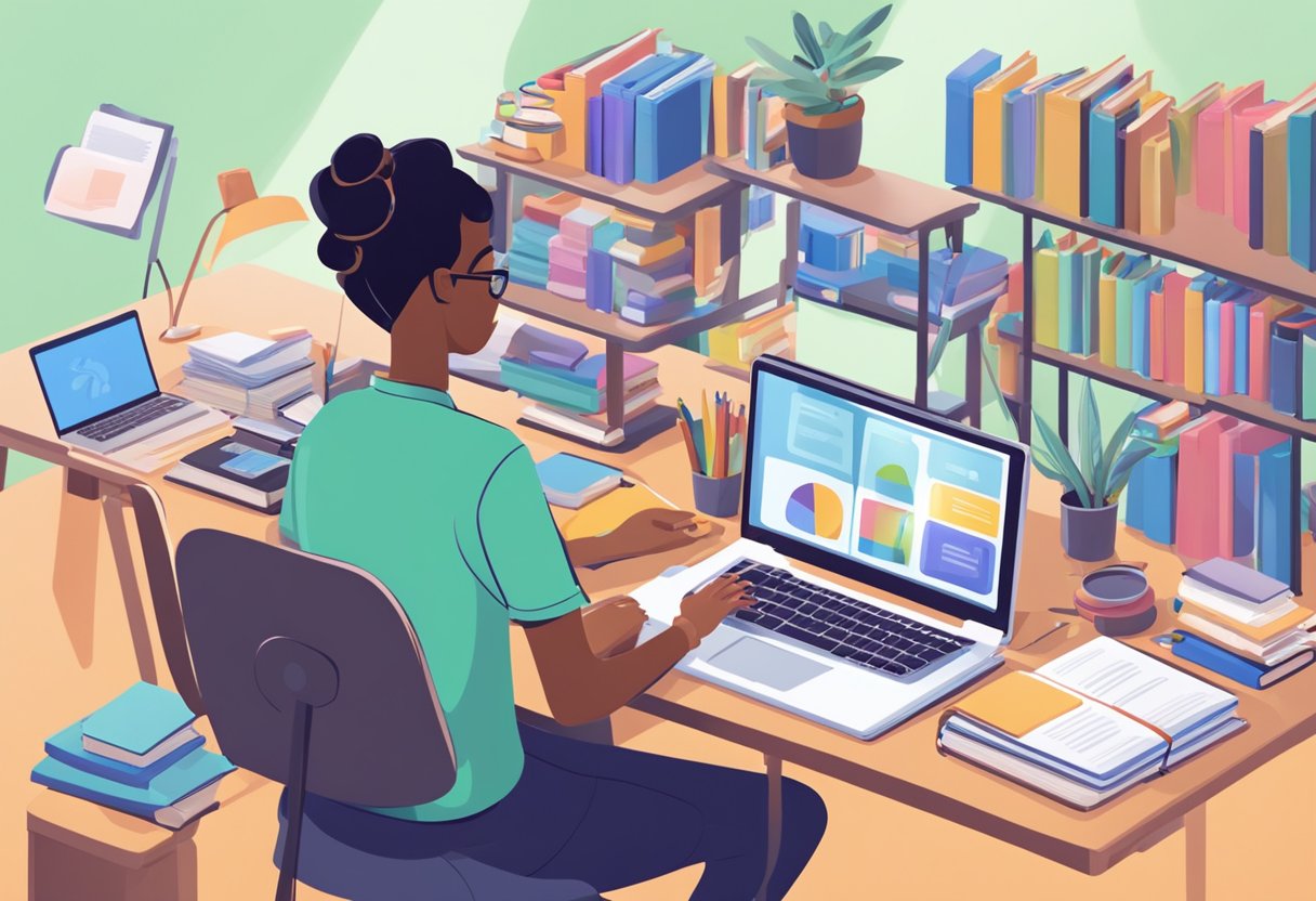 A parent sits at a desk with a laptop, surrounded by books and educational materials. The computer screen displays an online learning platform, while the parent takes notes and organizes resources