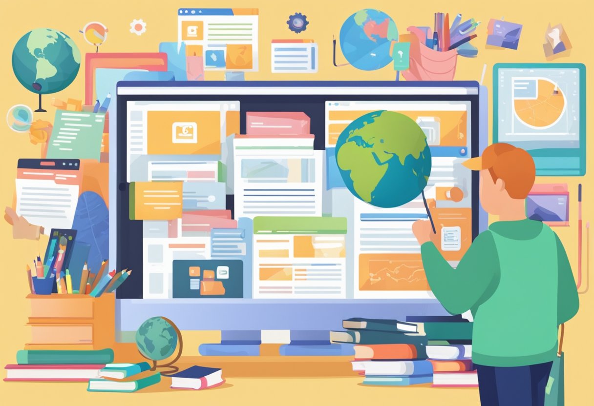 A computer screen displaying a variety of educational websites and resources, surrounded by books and school supplies. A parent's hand reaching out to adjust the screen, with a supportive smile