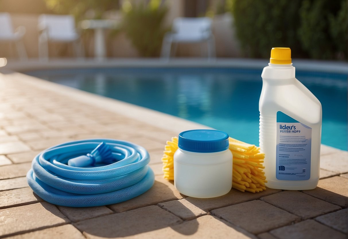 A pool filter sits next to a bucket of cleaning solution and a hose. A brush and gloves are nearby. The area is clean and well-lit