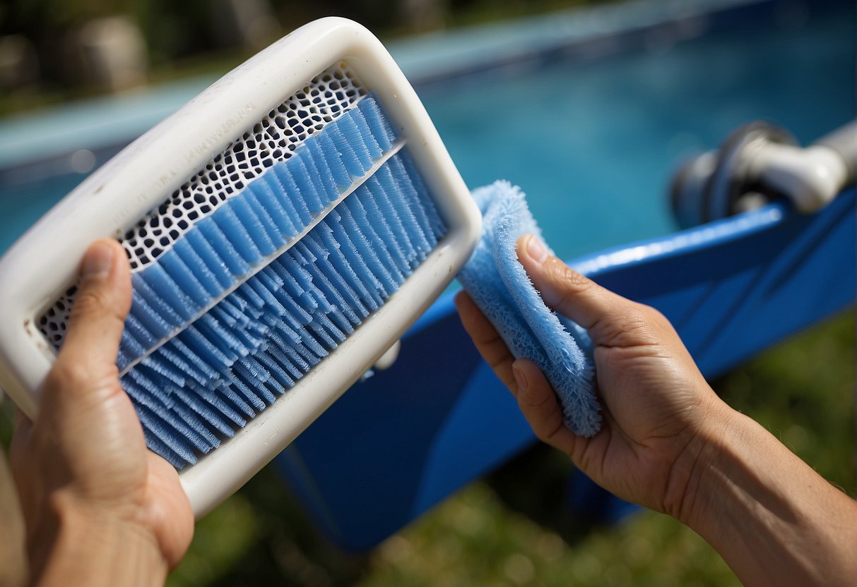 A hand holding a pool filter cartridge, scrubbing with a brush. Water running over the filter, removing debris. A bucket nearby for rinsing