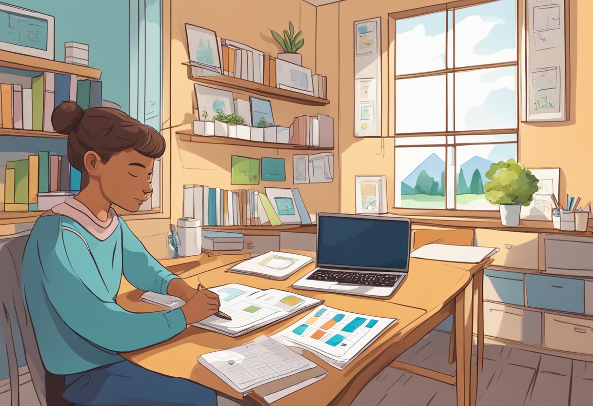 A parent sits at a desk with a laptop, surrounded by educational materials. A child's artwork hangs on the wall. A calendar marks important dates. A cup of coffee sits nearby