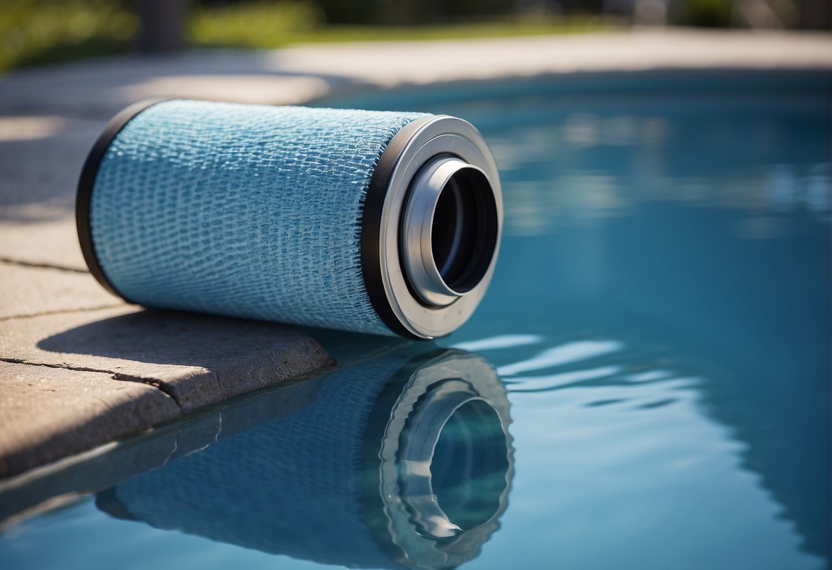 A pool filter sits next to a sparkling blue pool. A person follows steps to clean it, using different types of filters