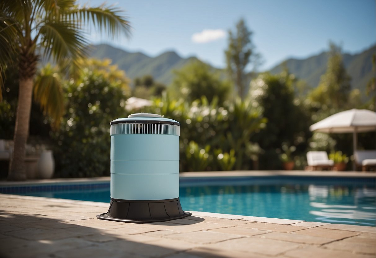 A pool filter sits next to a clean and well-maintained swimming pool. A person is seen following proper steps to clean and maintain the filter
