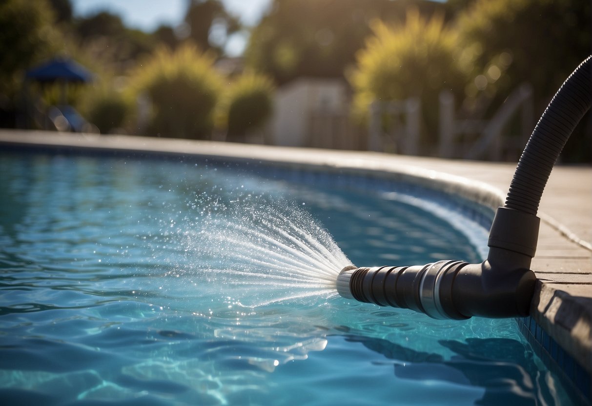 A pool filter being cleaned with a hose and brush, avoiding common mistakes like using excessive force or not properly rinsing the filter