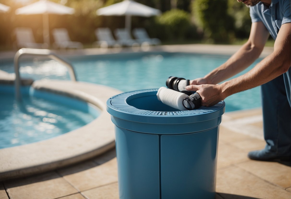 A pool filter sits next to a pool, surrounded by cleaning supplies. A hand reaches in to remove debris, while different filter types are displayed nearby