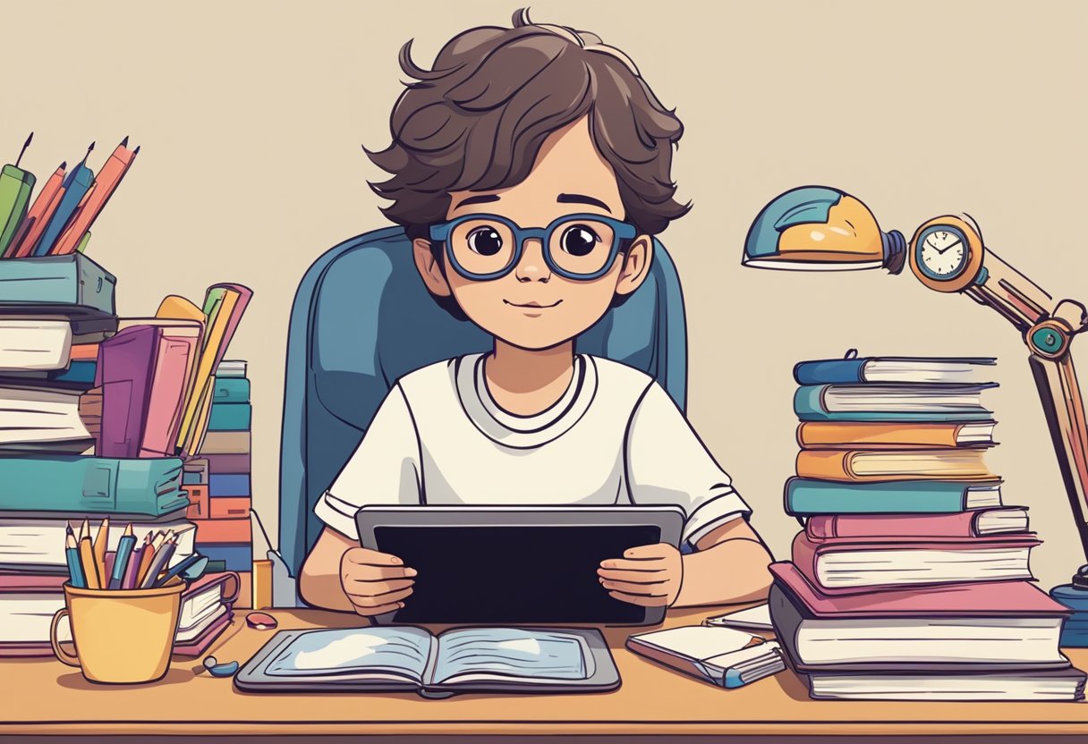 A young child sits at a desk with a tablet, surrounded by books and toys. A clock on the wall shows the time. The child looks engaged and content, with a balance between screen time and other activities evident