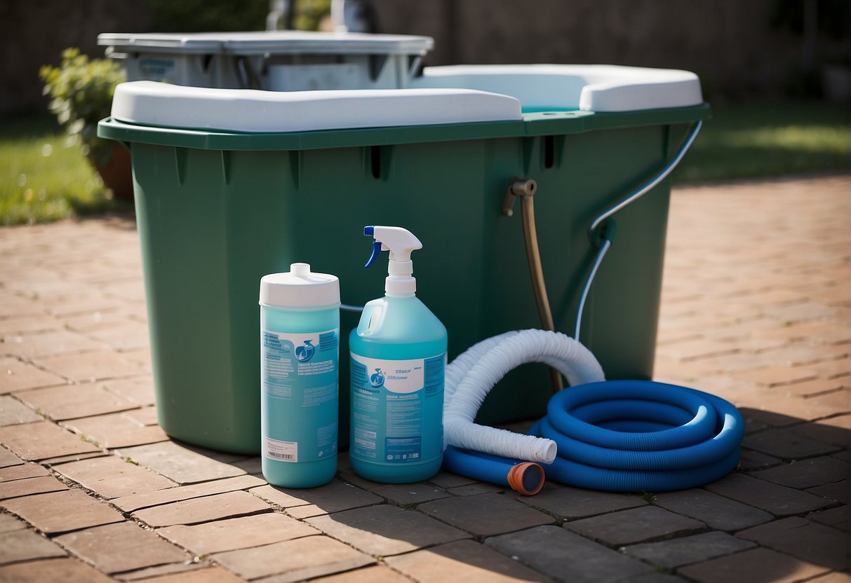 A pool filter sits on the ground next to a bucket of cleaning solution and a hose. The filter is disassembled, with its various parts spread out for cleaning. A person is scrubbing the filter parts with a brush
