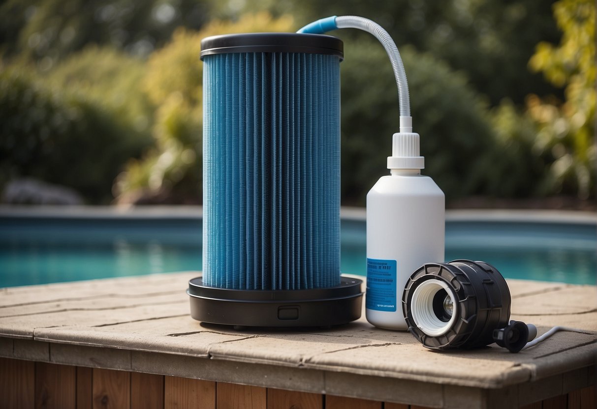 A clean pool filter sits next to a dirty one. A professional cleaner uses specialized tools, while a DIY cleaner uses basic equipment