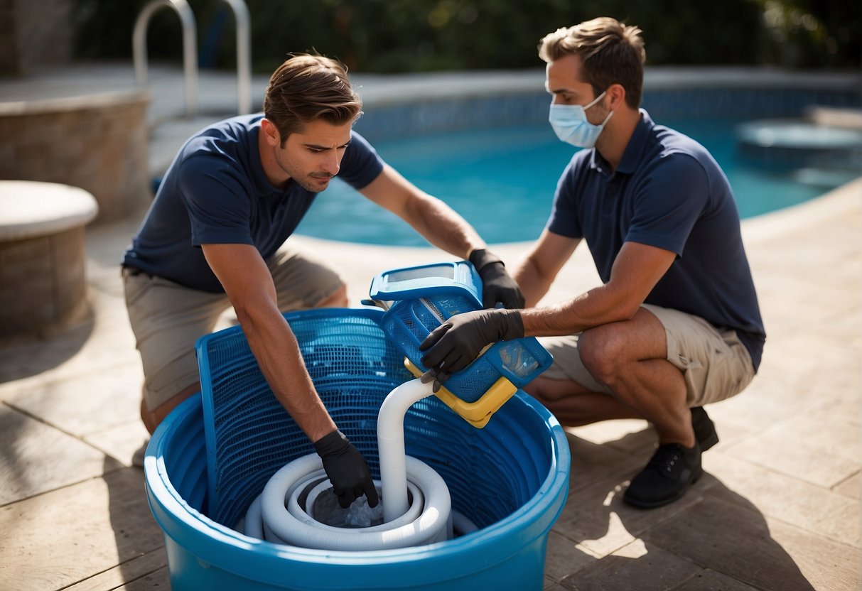 A professional pool technician cleans a pool filter, using specialized tools and equipment. A DIY enthusiast attempts to clean the filter using household items