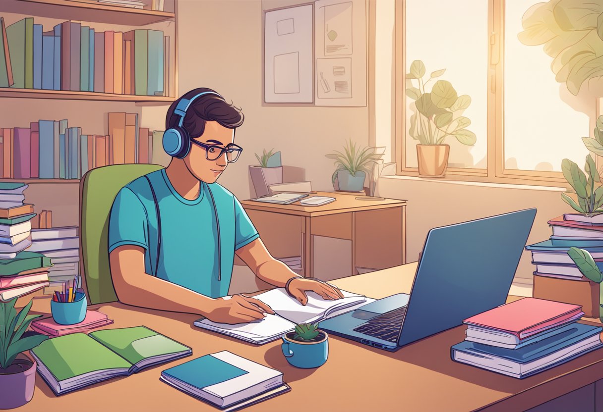 The Role of a Parent in Virtual Classrooms: Ensuring Effective Involvement virtual classroom, online learning LearningMole A parent sits at a desk with a laptop open, engaging in a virtual classroom. Books and educational materials are scattered around the room