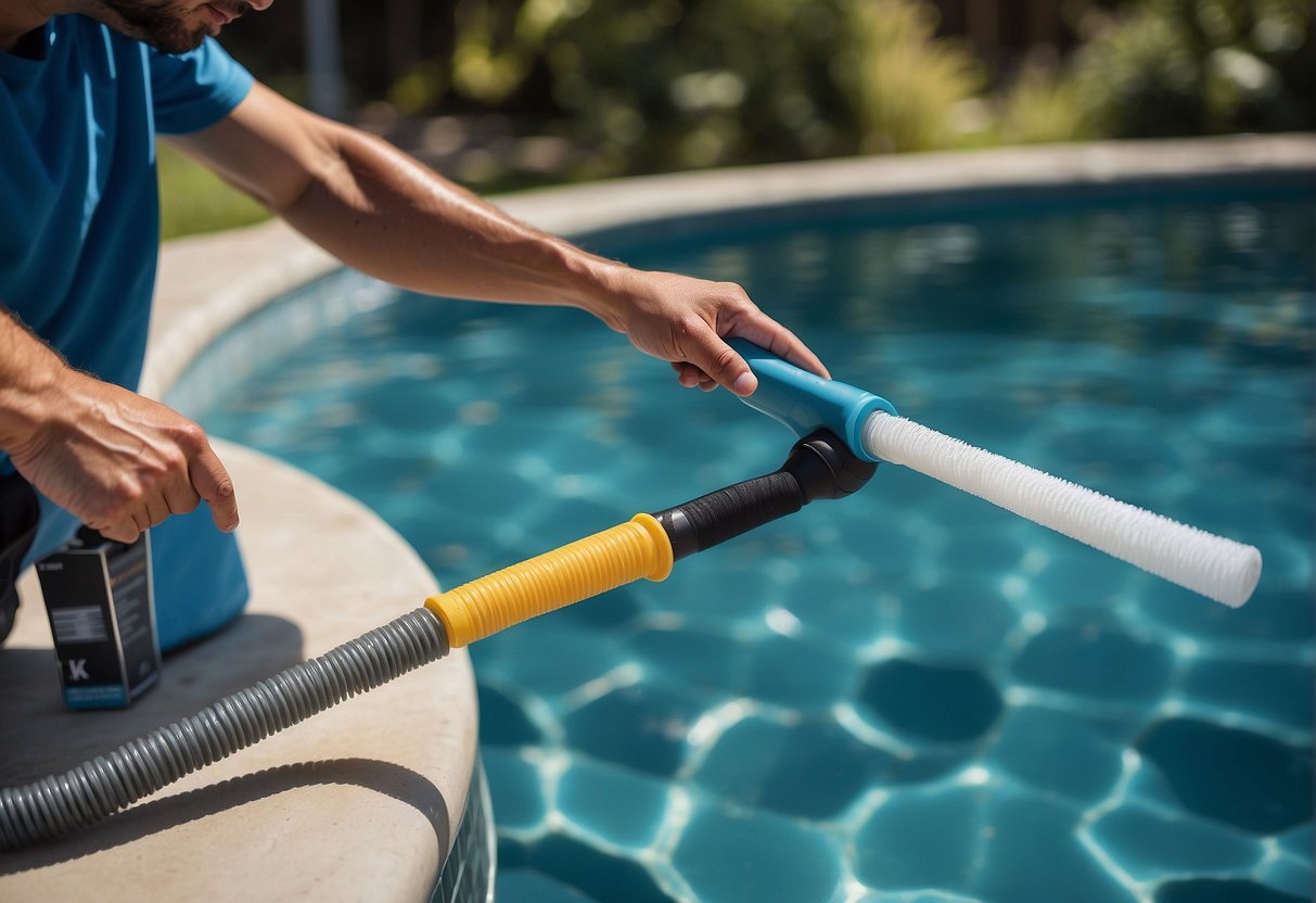 A pool filter being cleaned with a brush and hose, surrounded by clean and clear pool water