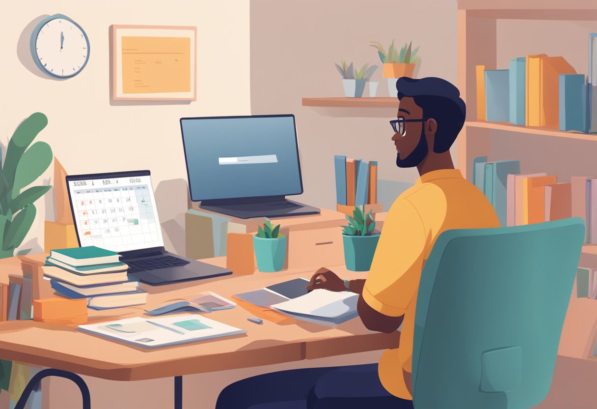 The Role of a Parent in Virtual Classrooms: Ensuring Effective Involvement virtual classroom, online learning LearningMole A parent sits at a desk with a laptop open, engaging with a virtual classroom. A calendar on the wall shows important dates. A stack of books and educational materials are nearby