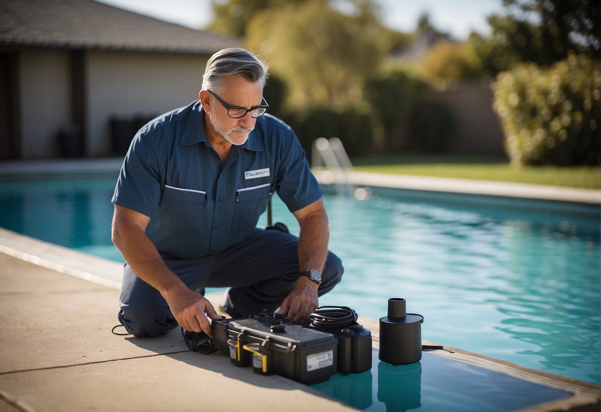 A pool inspector checks equipment, including pumps and filters, for regular maintenance. Importance is placed on thorough inspections for proper pool upkeep