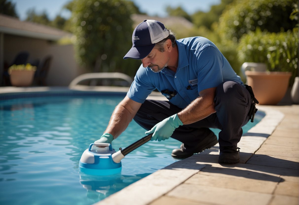 A pool technician checks and cleans equipment. Water quality is tested and adjusted. Regular inspections ensure proper maintenance