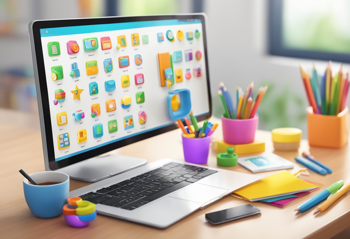 Colorful icons and educational tools arranged on a digital device screen, with a child's desk and chair in the background
