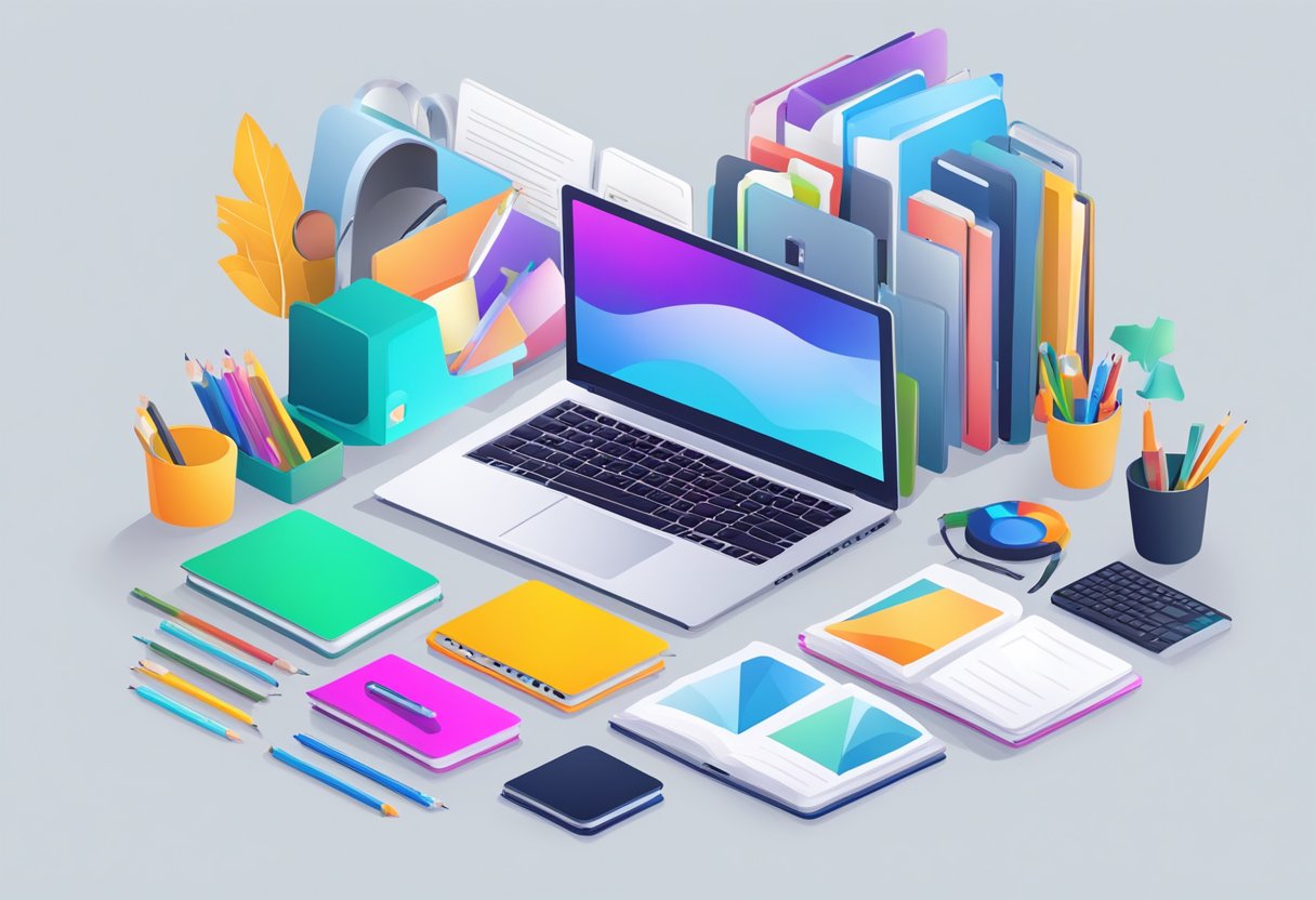 A laptop with educational apps open, surrounded by digital tools and resources for online learning