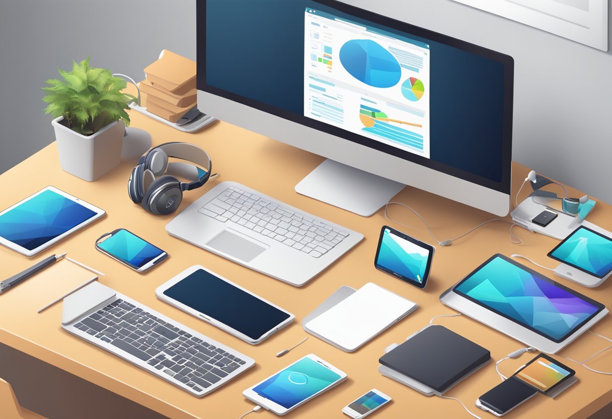 A desk with a laptop, tablet, and smartphone surrounded by various communication and collaboration apps and tools