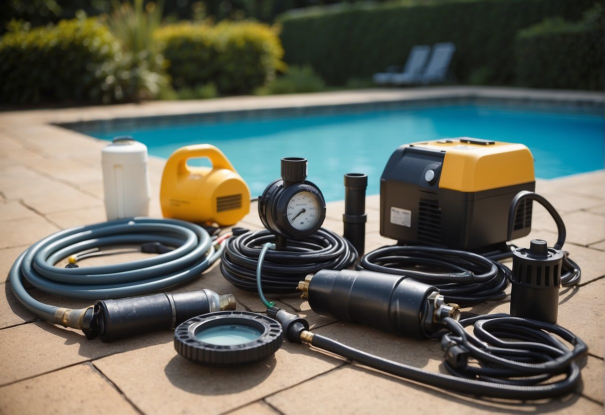 A pool equipment inspection scene includes a pump, filter, heater, and pipes. Each component is checked for signs of wear or damage