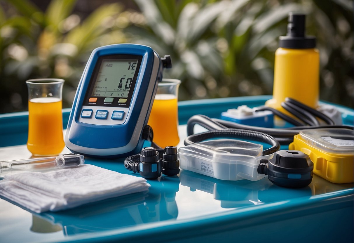 A pool equipment inspection scene: Test kits, pH meters, and chemical containers arranged on a clean, organized work surface. A pool pump and filter in the background
