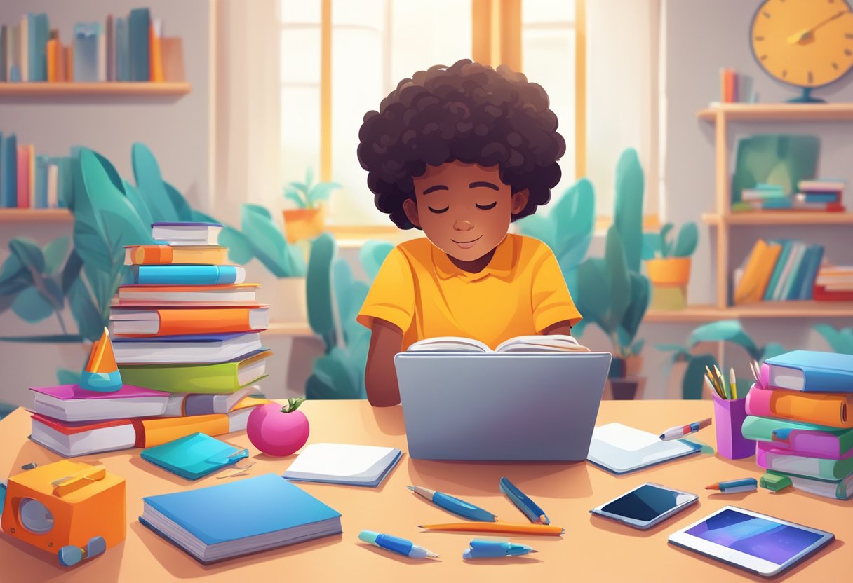 A child surrounded by educational apps and tools, engaging in online learning activities with a focus on creative and critical thinking development