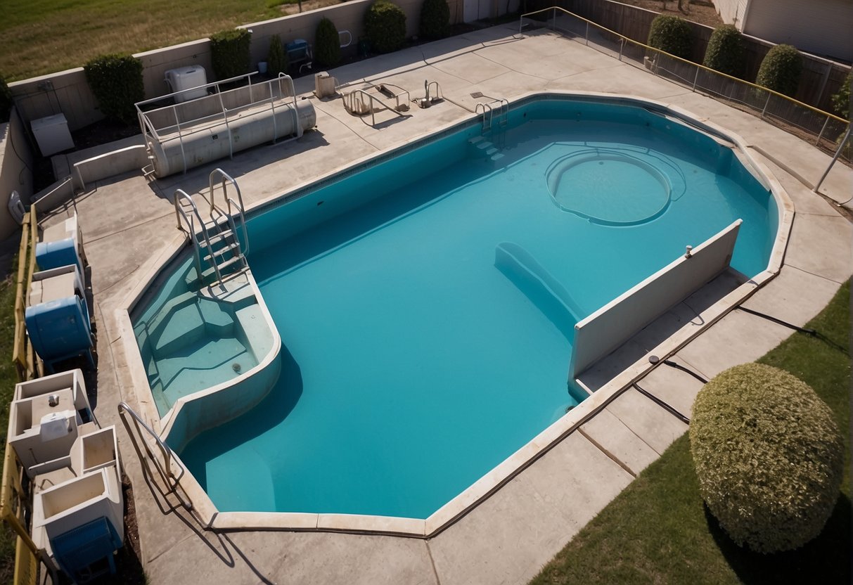 A pool equipment inspection scene includes a pool structure, surrounding area, and key components like pumps and filters