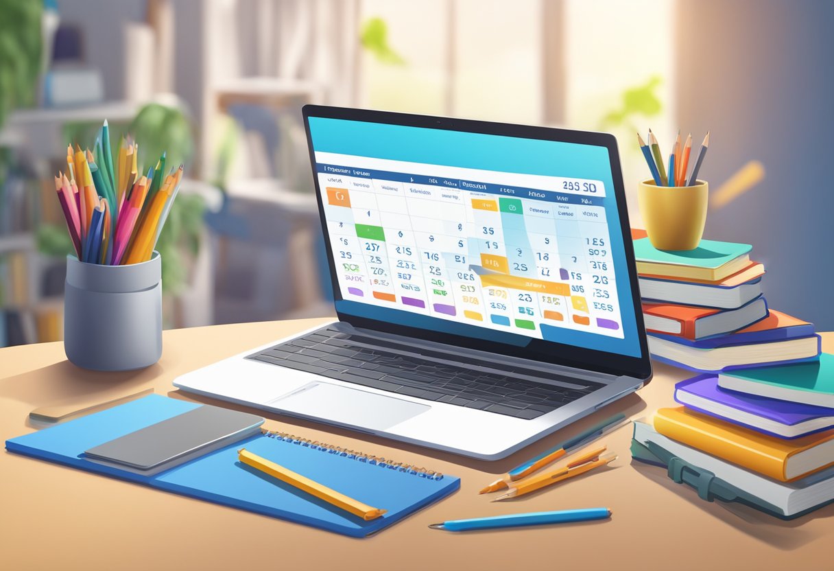 A laptop open on a desk, surrounded by books and school supplies. A calendar with important dates and a variety of educational apps displayed on the screen