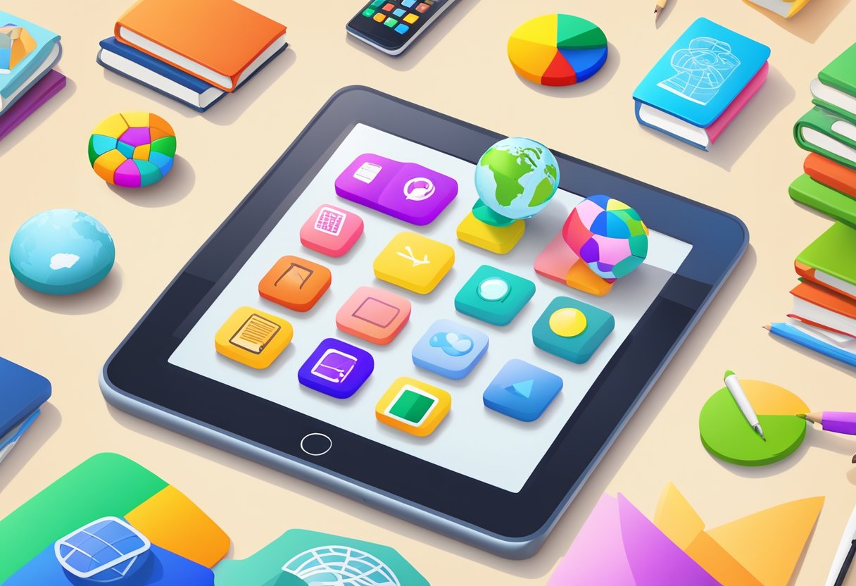 A colorful array of educational app icons displayed on a tablet screen, surrounded by books, pencils, and a globe