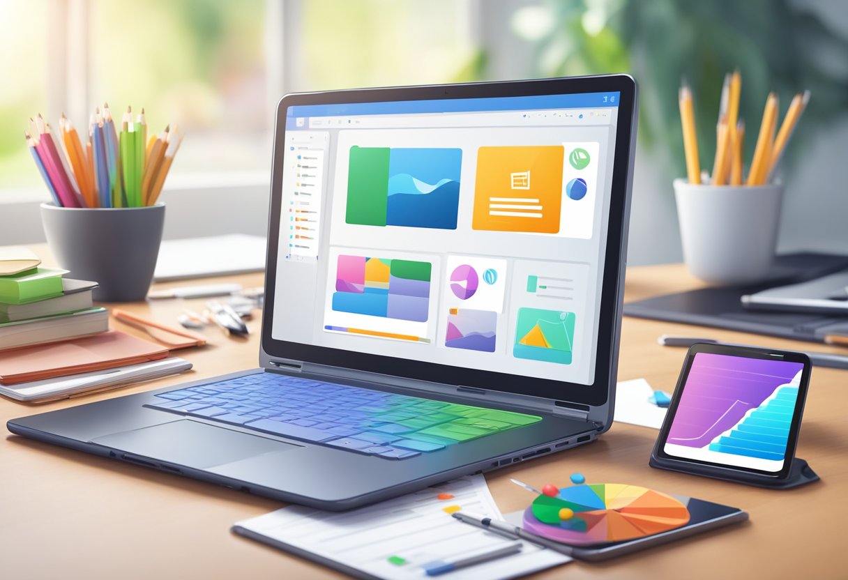 A laptop open on a desk with educational apps and tools displayed on the screen. A tablet and smartphone nearby showing additional learning resources