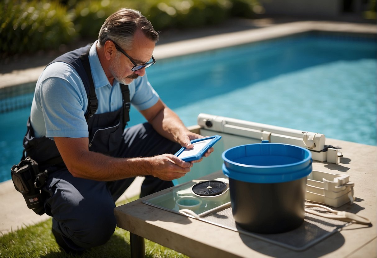 A pool inspector checks filters, pumps, and water quality with testing kits. They document findings in a report for the pool owner