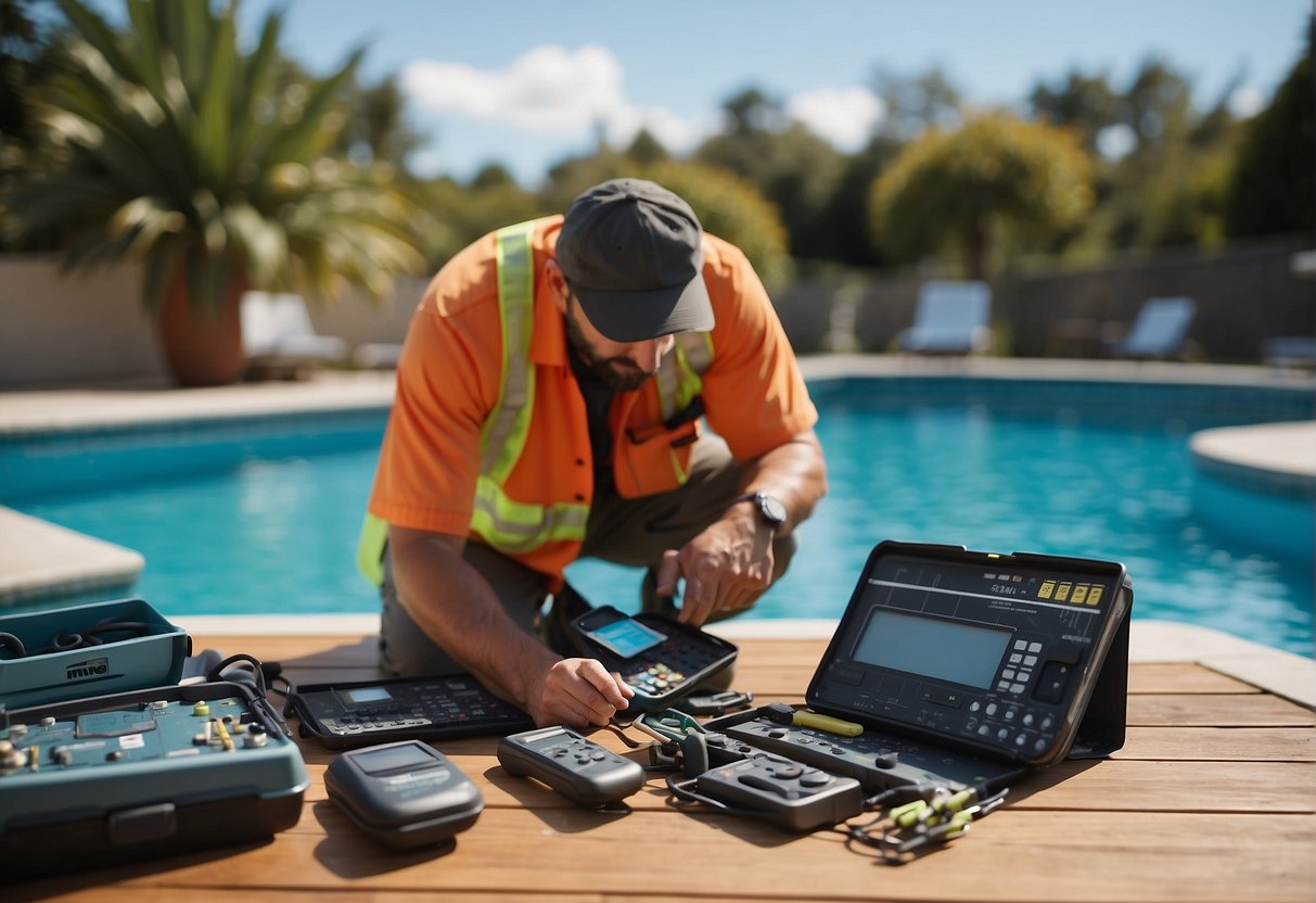 A pool technician examines equipment and structure for efficiency. Various tools and a checklist are laid out on the pool deck