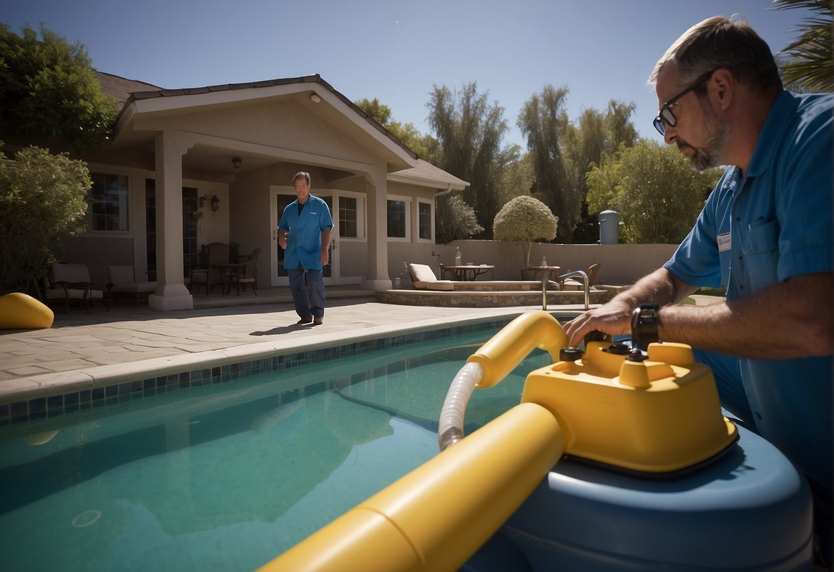 A technician inspects pool equipment for common issues: leaks, clogs, and faulty parts. Tools and testing equipment are scattered around the pool area