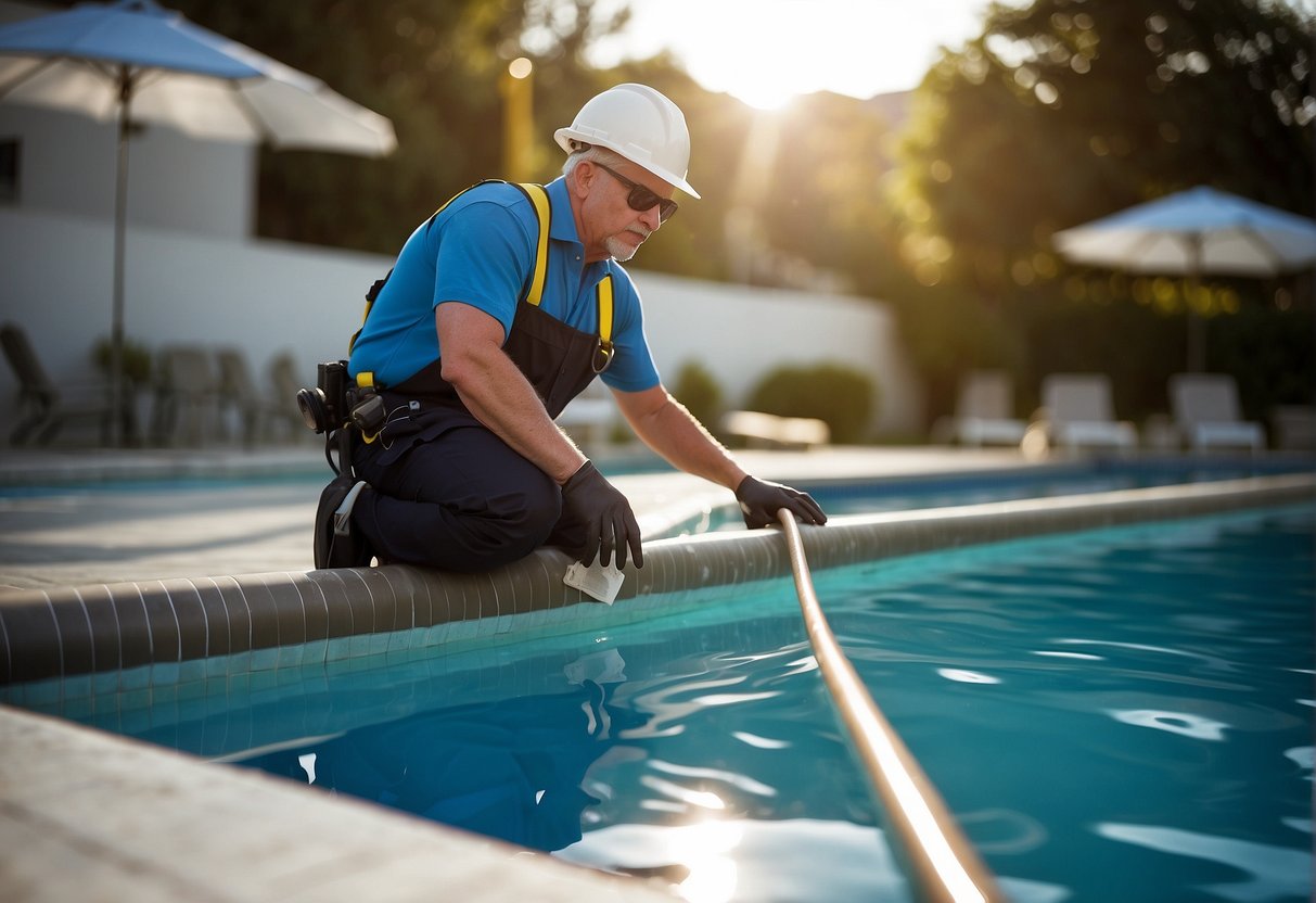 A pool inspector checks equipment for compliance. Issues found include faulty pumps and broken safety barriers