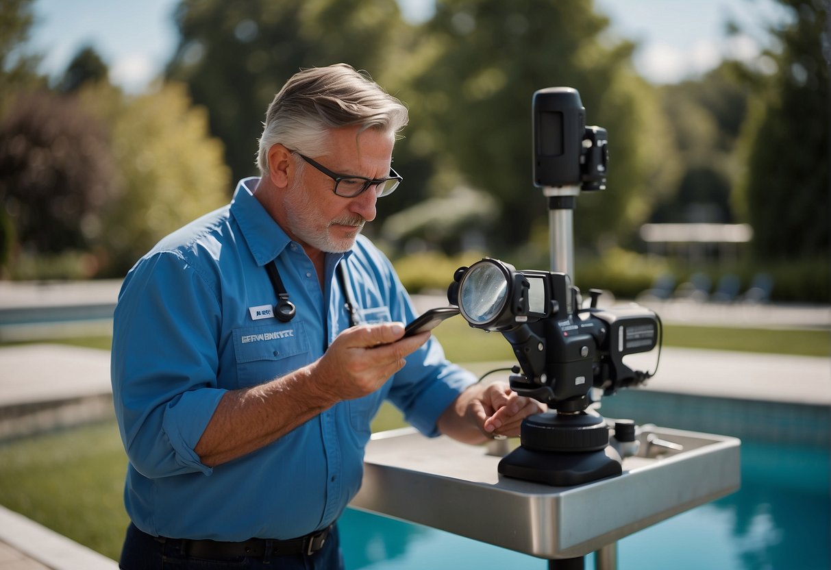 A pool inspector examines equipment closely, checking for any signs of damage or wear. The inspector uses a checklist to ensure a thorough inspection