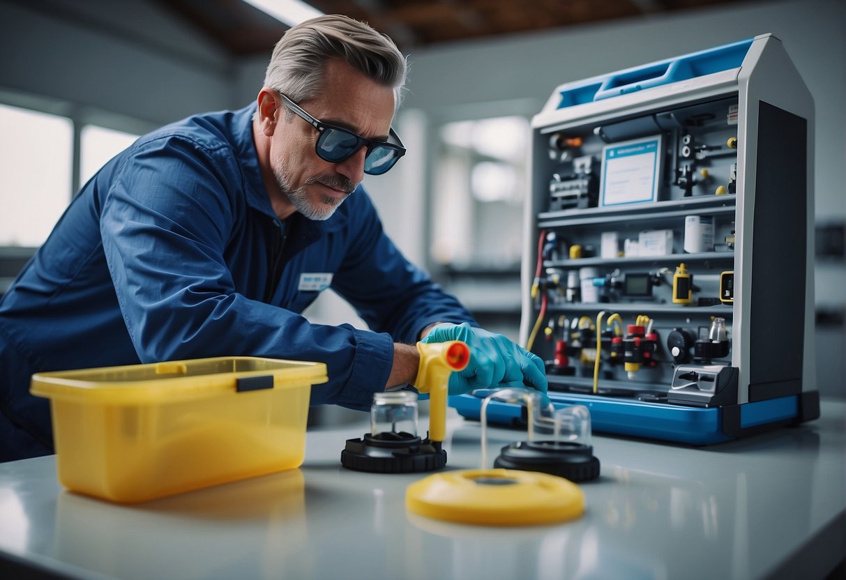 A pool technician inspects equipment, testing water quality and safety. Tools and testing kits are laid out on a clean, organized work surface
