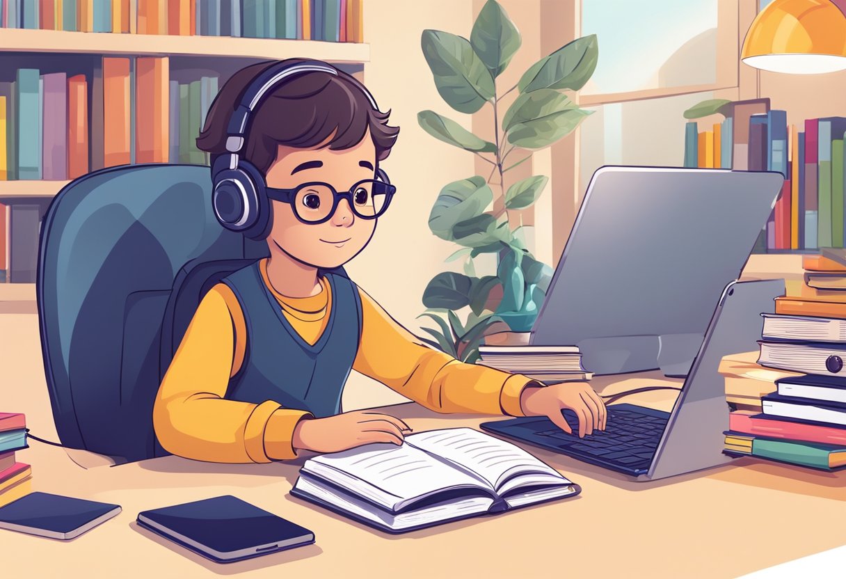 A child sits at a desk, surrounded by a computer, tablet, and books. They are engaged in online learning, navigating digital platforms with ease