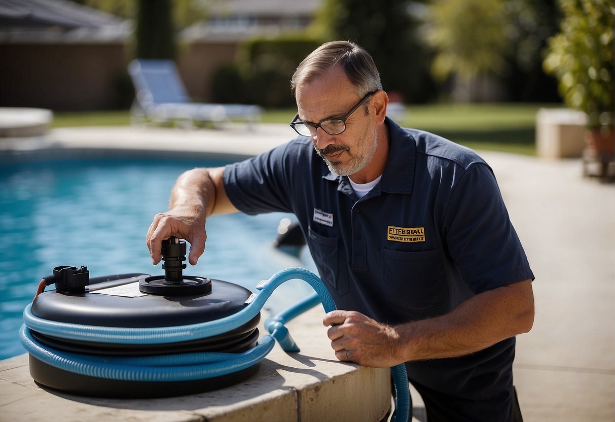 A pool technician inspects and maintains pool equipment, including filters and pumps, to maximize pool longevity. Regular maintenance is crucial for ensuring proper functioning and preventing damage