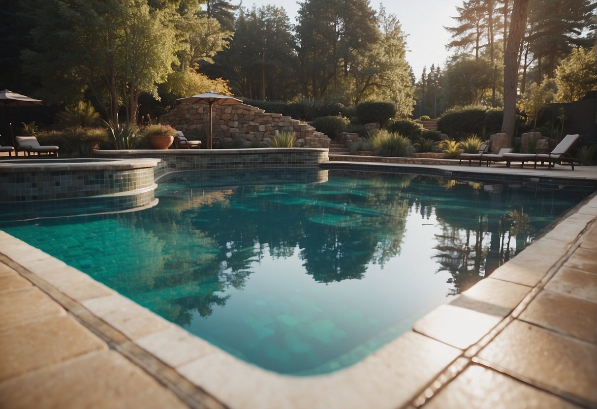 A sparkling pool with clean, well-maintained equipment. Clear water reflects the surrounding landscape, creating a serene and inviting atmosphere