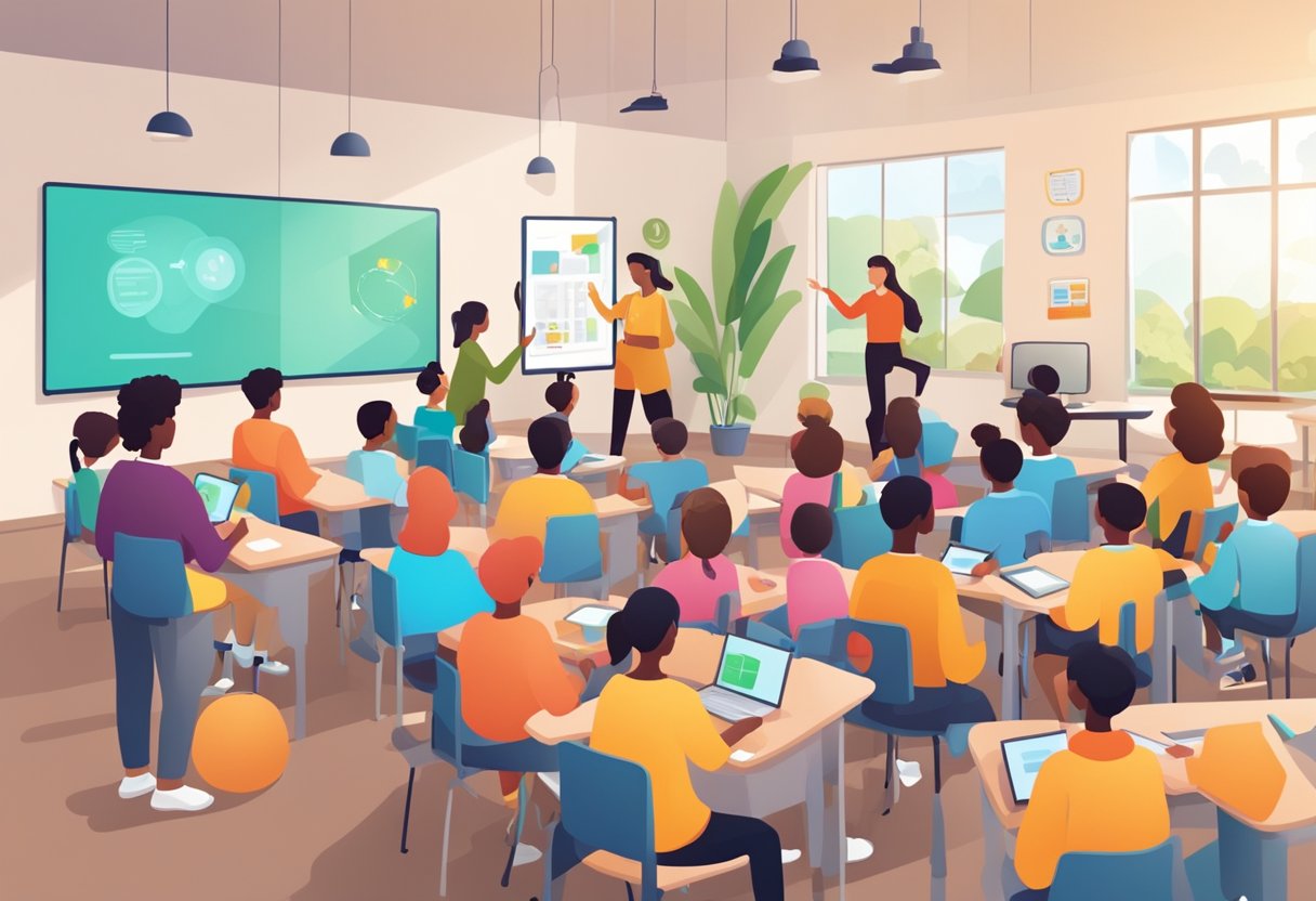 A classroom setting with educators and parents collaborating to teach digital literacy skills to children through interactive online learning activities