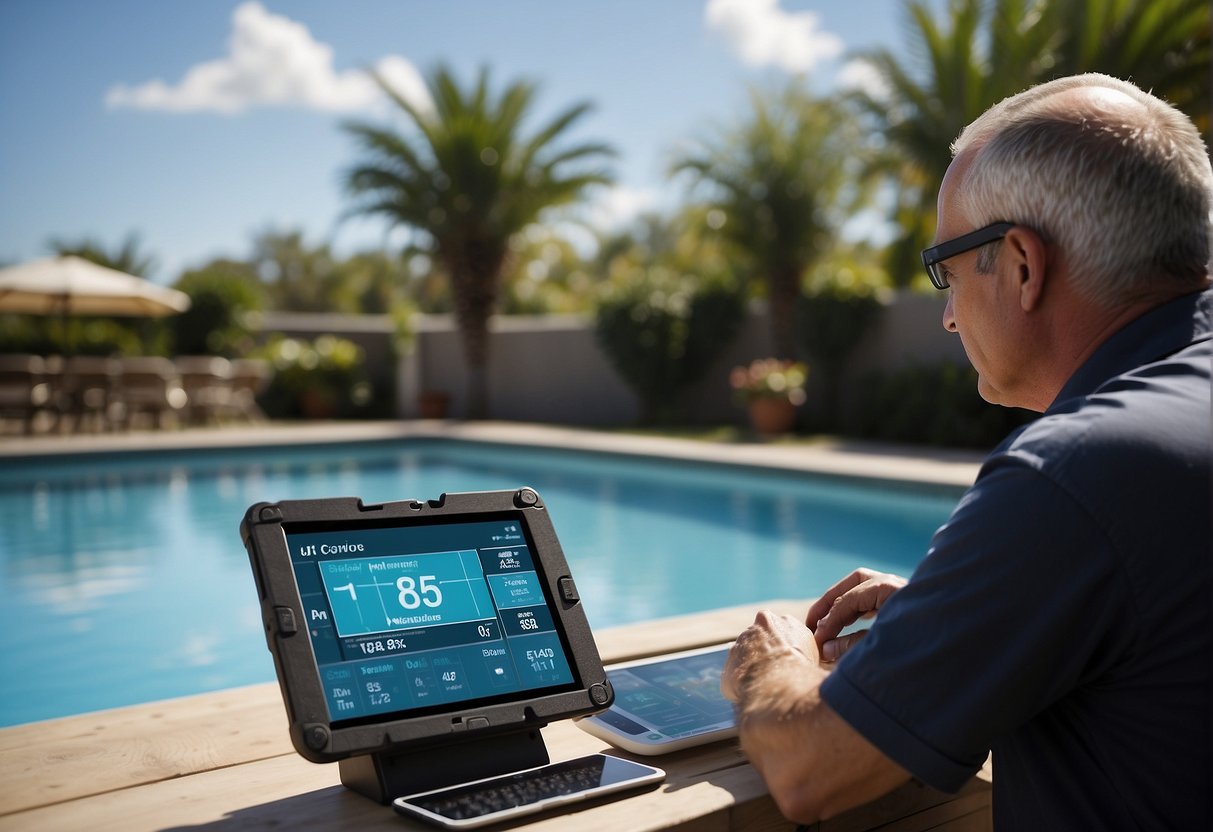 A smart sensor system monitors pool equipment, ensuring water quality. An inspector uses a tablet to review real-time data