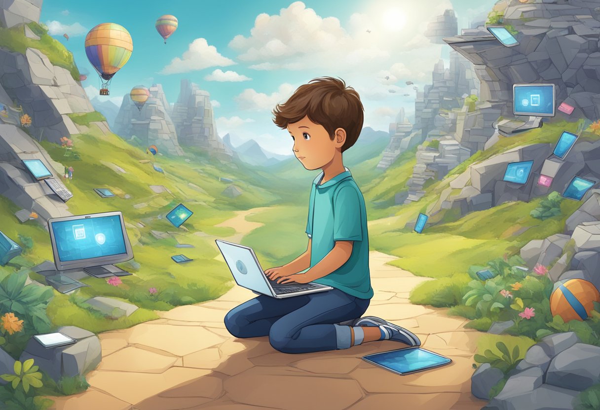 A child navigating through a digital landscape, encountering various online risks and using digital literacy skills to manage and navigate safely