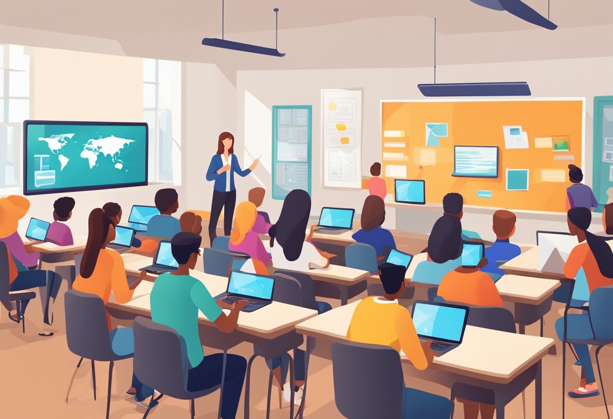 A classroom with students using digital devices, engaging with online content and collaborating on digital projects. The teacher facilitates digital literacy skills development through interactive learning activities