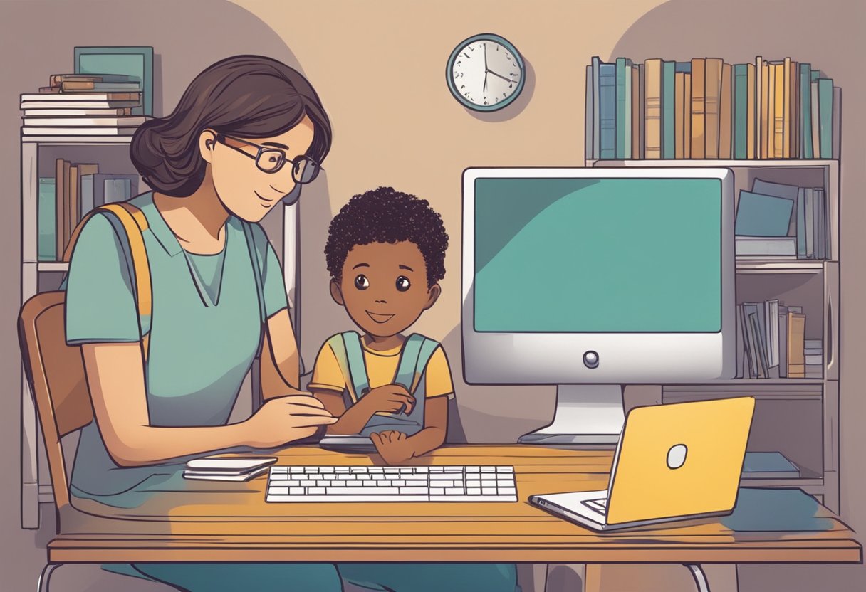 A child using a computer to access educational websites and digital resources, while a parent observes and evaluates their digital literacy skills