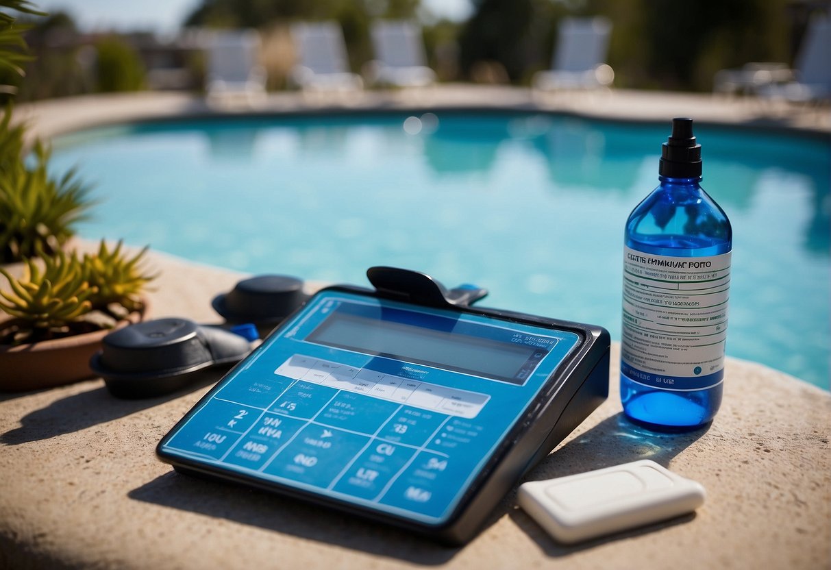 A clear, blue swimming pool under the bright Georgia sun, with a water testing kit and a chart of chemical levels nearby